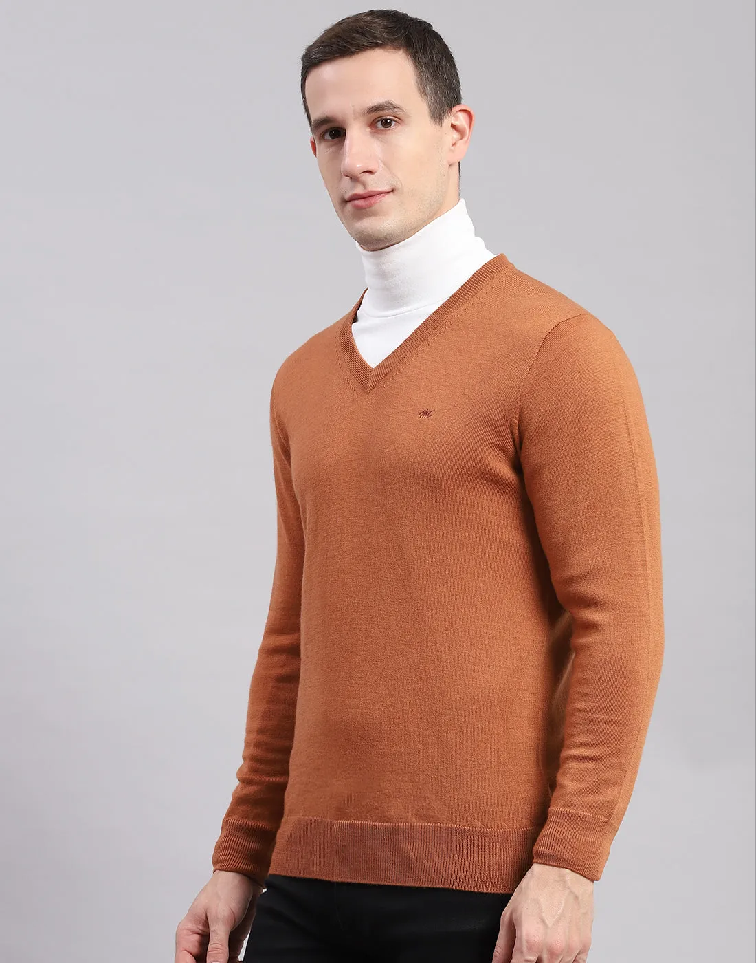 Men Brown Solid V Neck Full Sleeve Sweaters/Pullovers