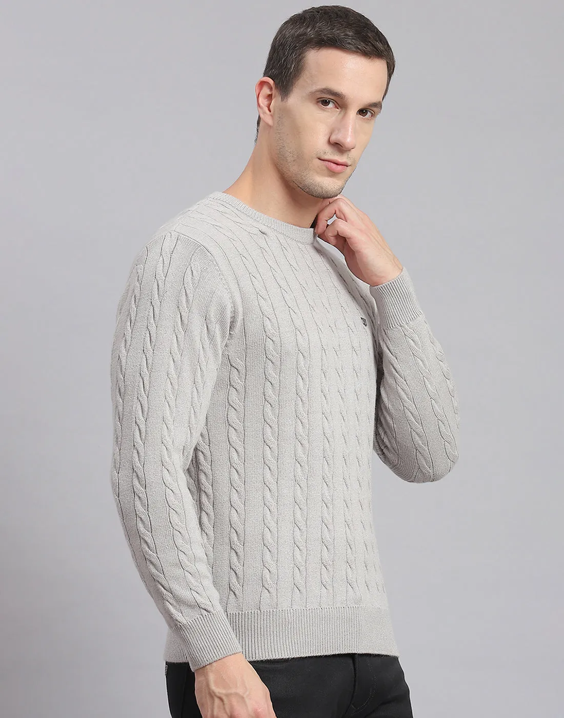 Men Grey Self Design Round Neck Full Sleeve Sweater