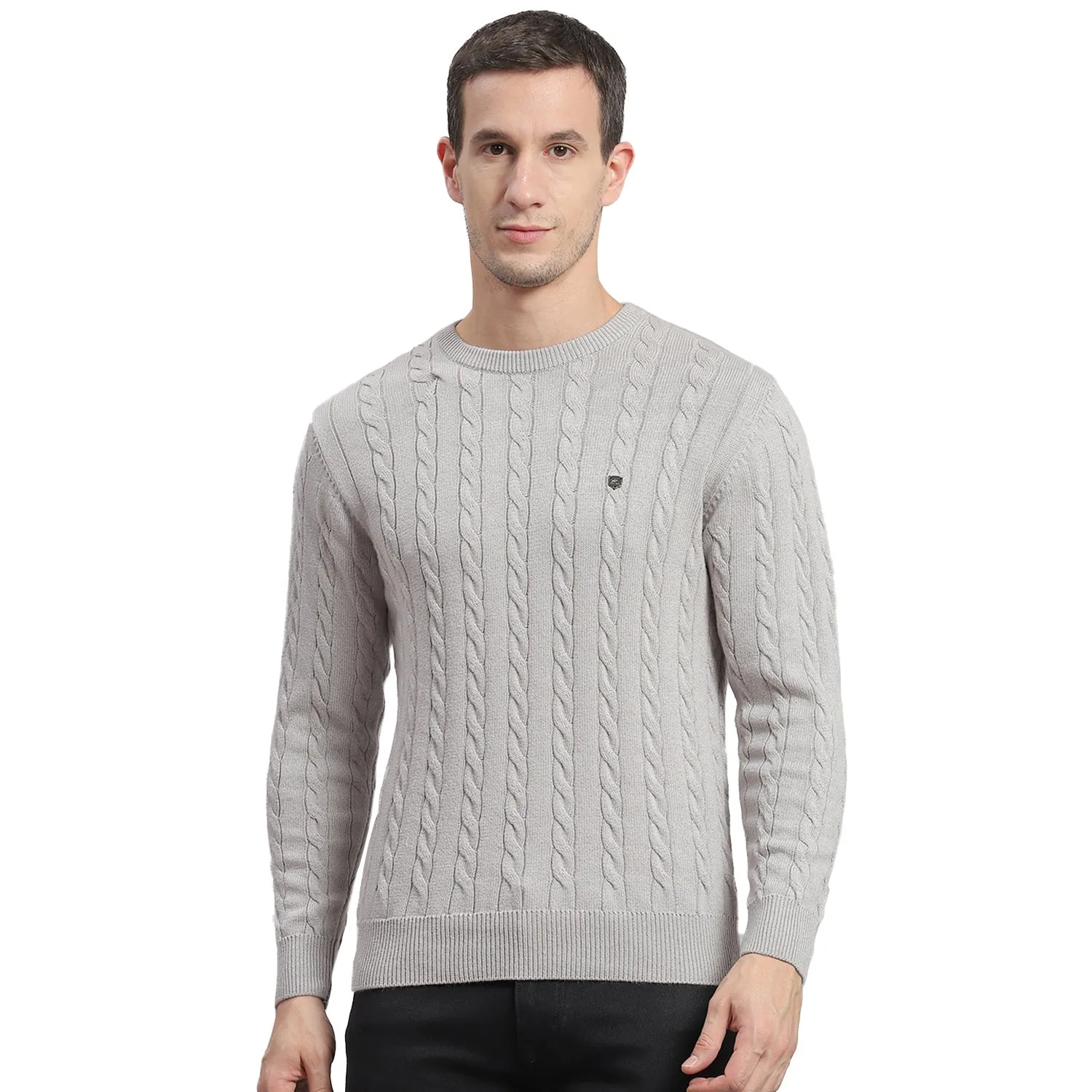 Men Grey Self Design Round Neck Full Sleeve Sweater