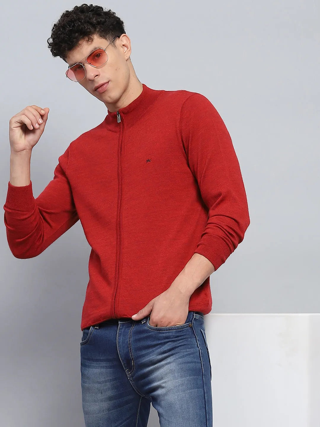 Men Maroon Solid Mock Neck Full Sleeve Pullover