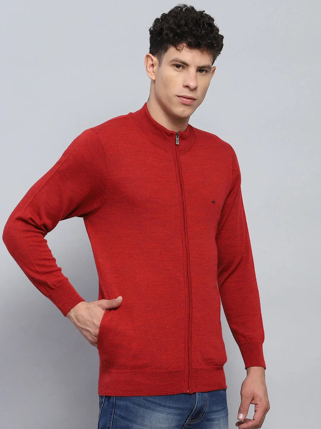 Men Maroon Solid Mock Neck Full Sleeve Pullover