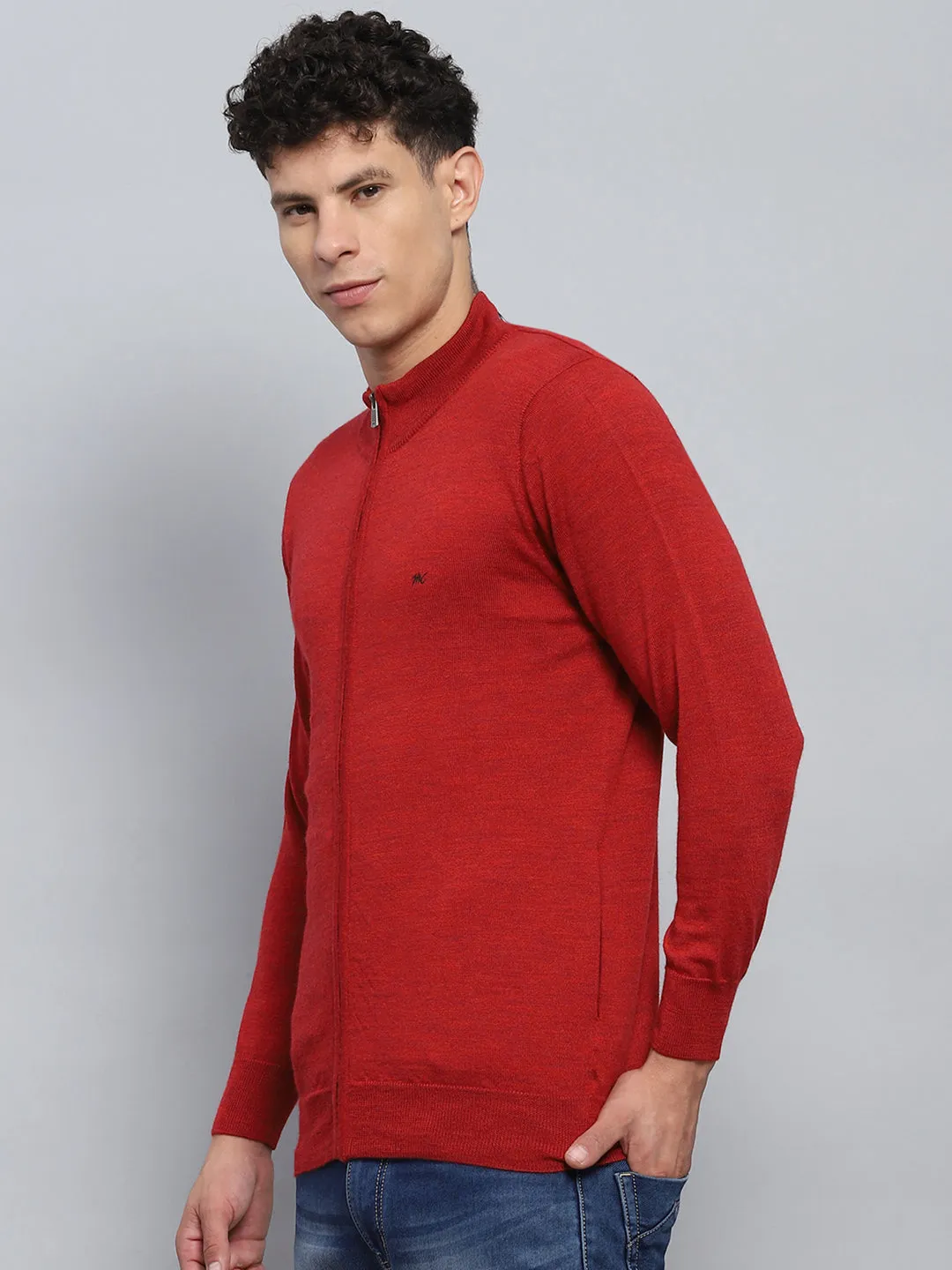 Men Maroon Solid Mock Neck Full Sleeve Pullover