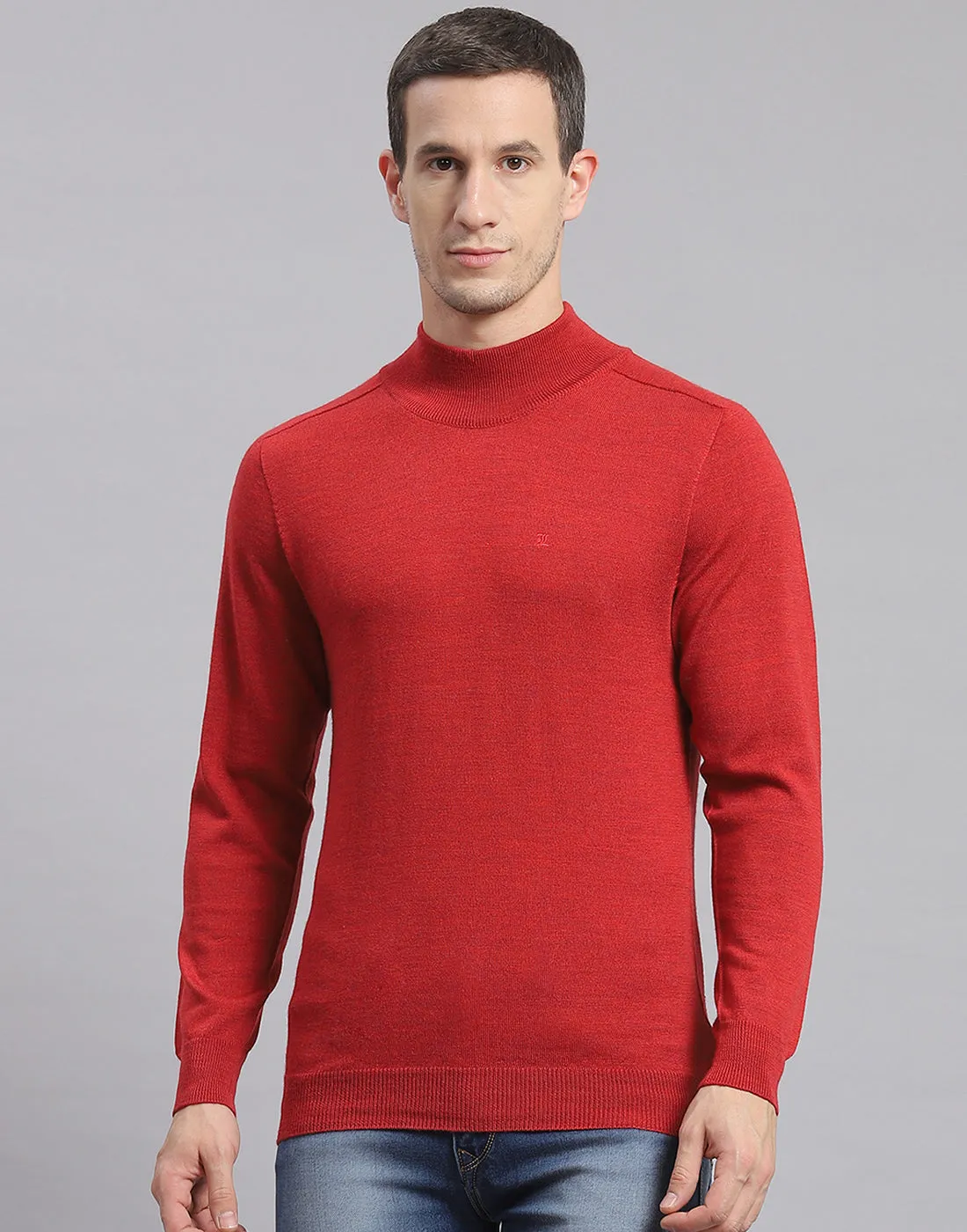 Men Maroon Solid T Neck Full Sleeve Sweater