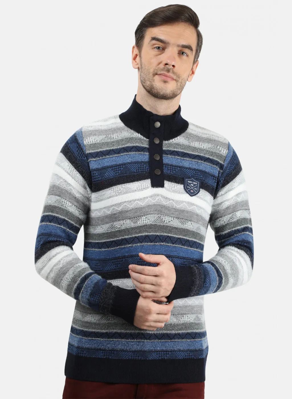 Men NAvy Blue & White Solid Pullover