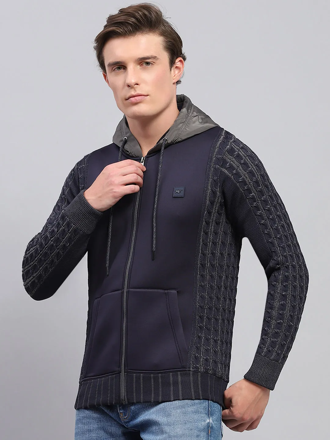 Men Navy Blue Solid Hooded Full Sleeve Pullover