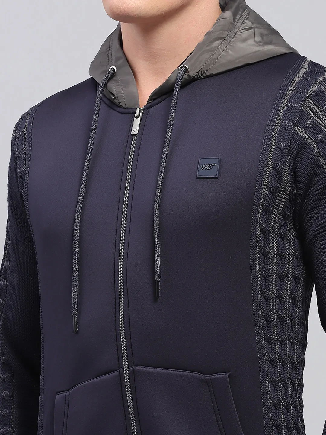 Men Navy Blue Solid Hooded Full Sleeve Pullover