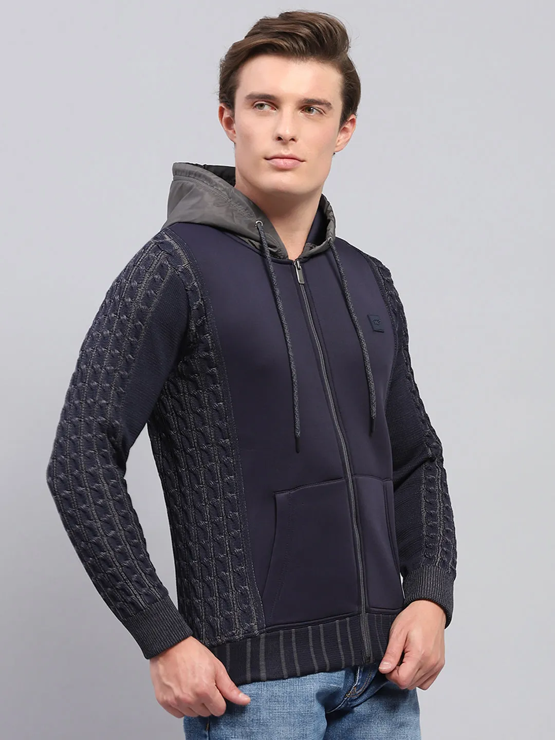 Men Navy Blue Solid Hooded Full Sleeve Pullover