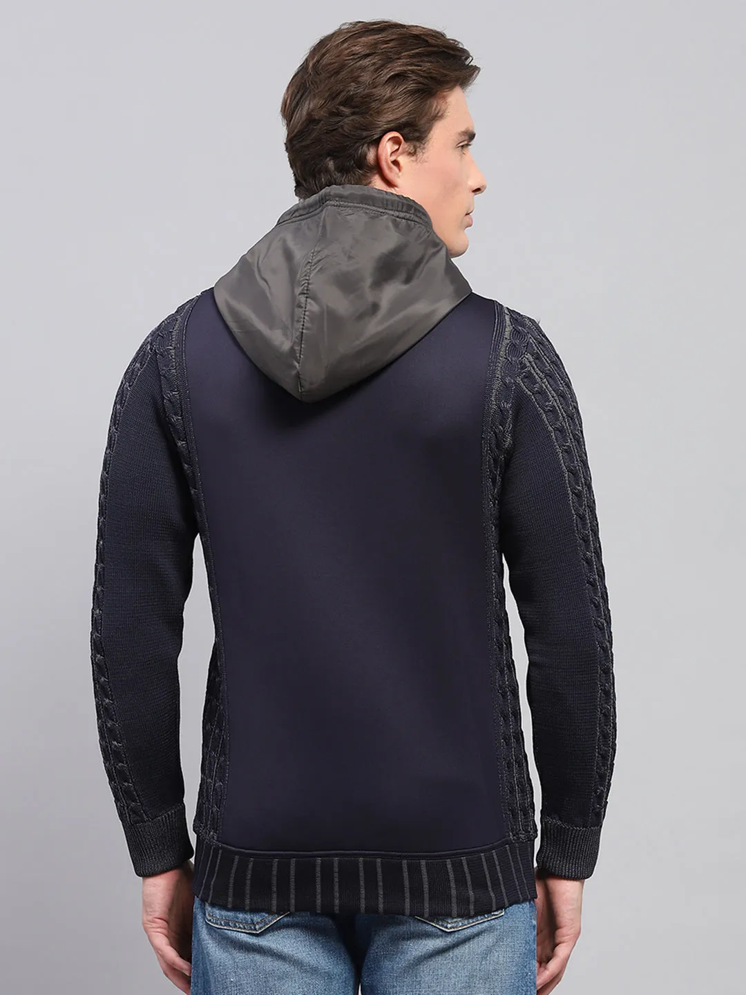 Men Navy Blue Solid Hooded Full Sleeve Pullover