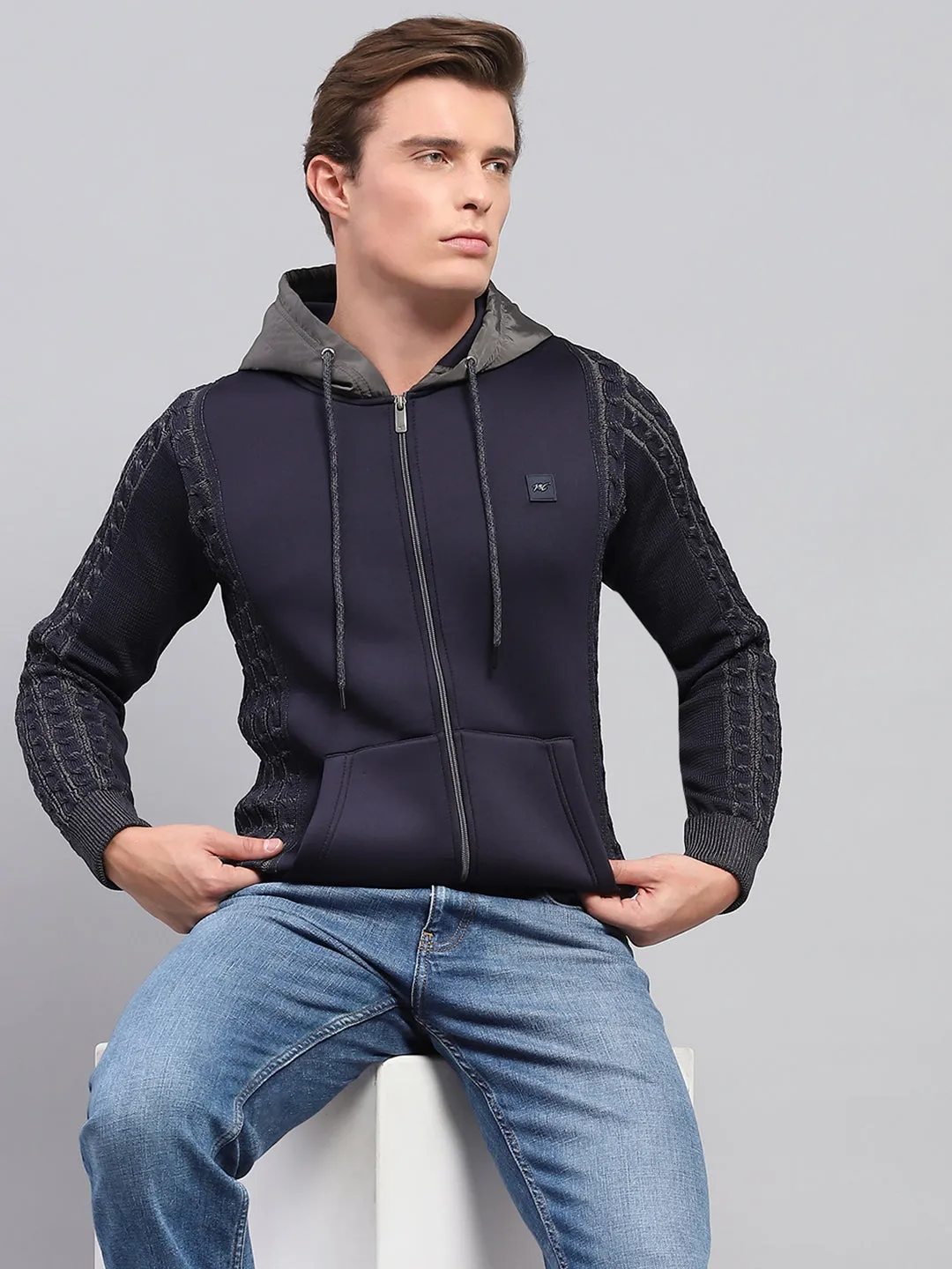 Men Navy Blue Solid Hooded Full Sleeve Pullover