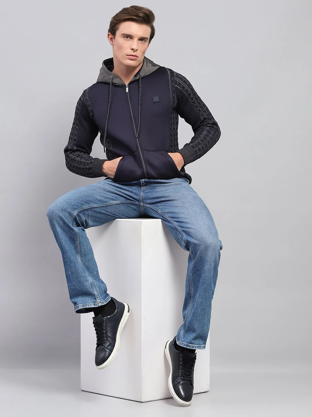 Men Navy Blue Solid Hooded Full Sleeve Pullover