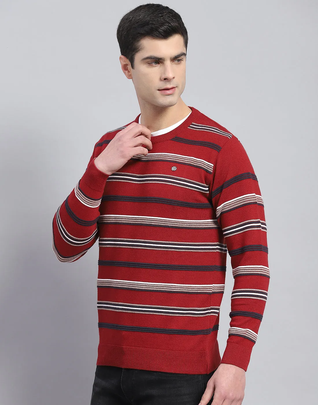 Men Red Stripe Round Neck Full Sleeve Pullover