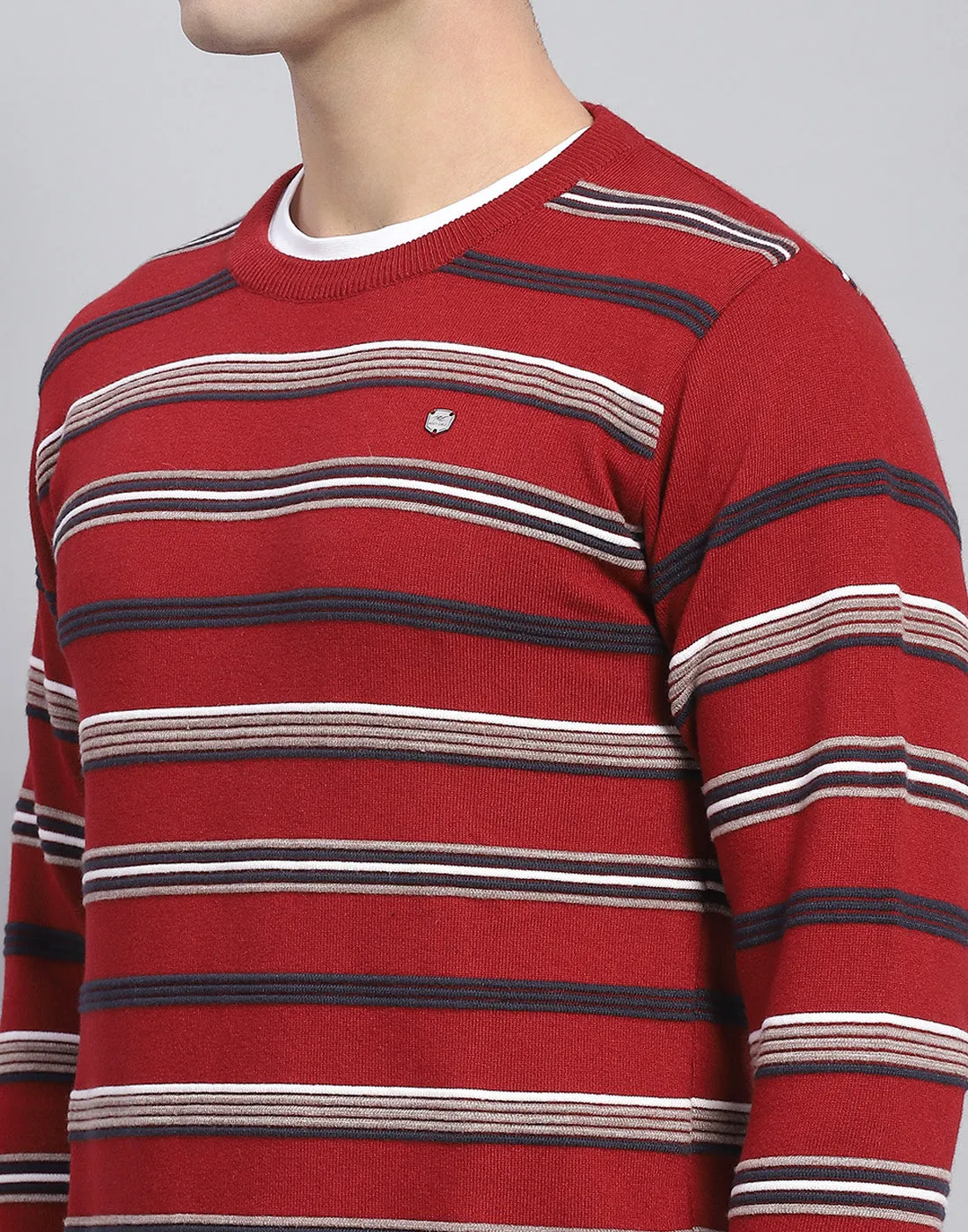 Men Red Stripe Round Neck Full Sleeve Pullover