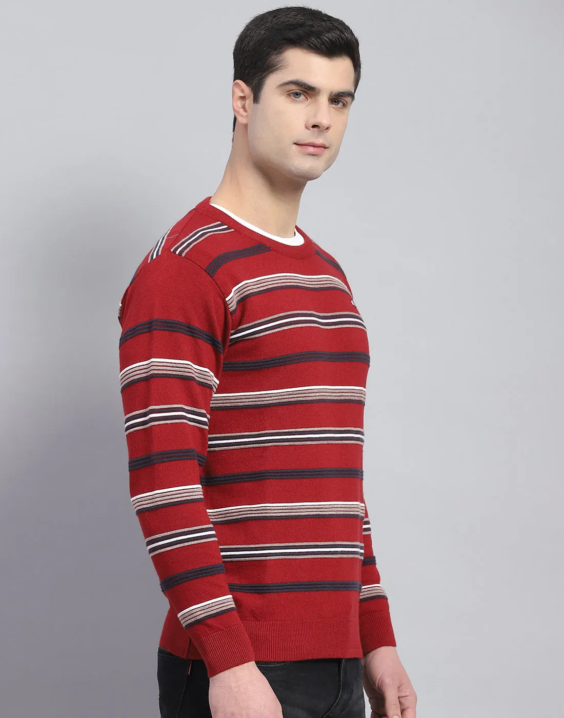 Men Red Stripe Round Neck Full Sleeve Pullover