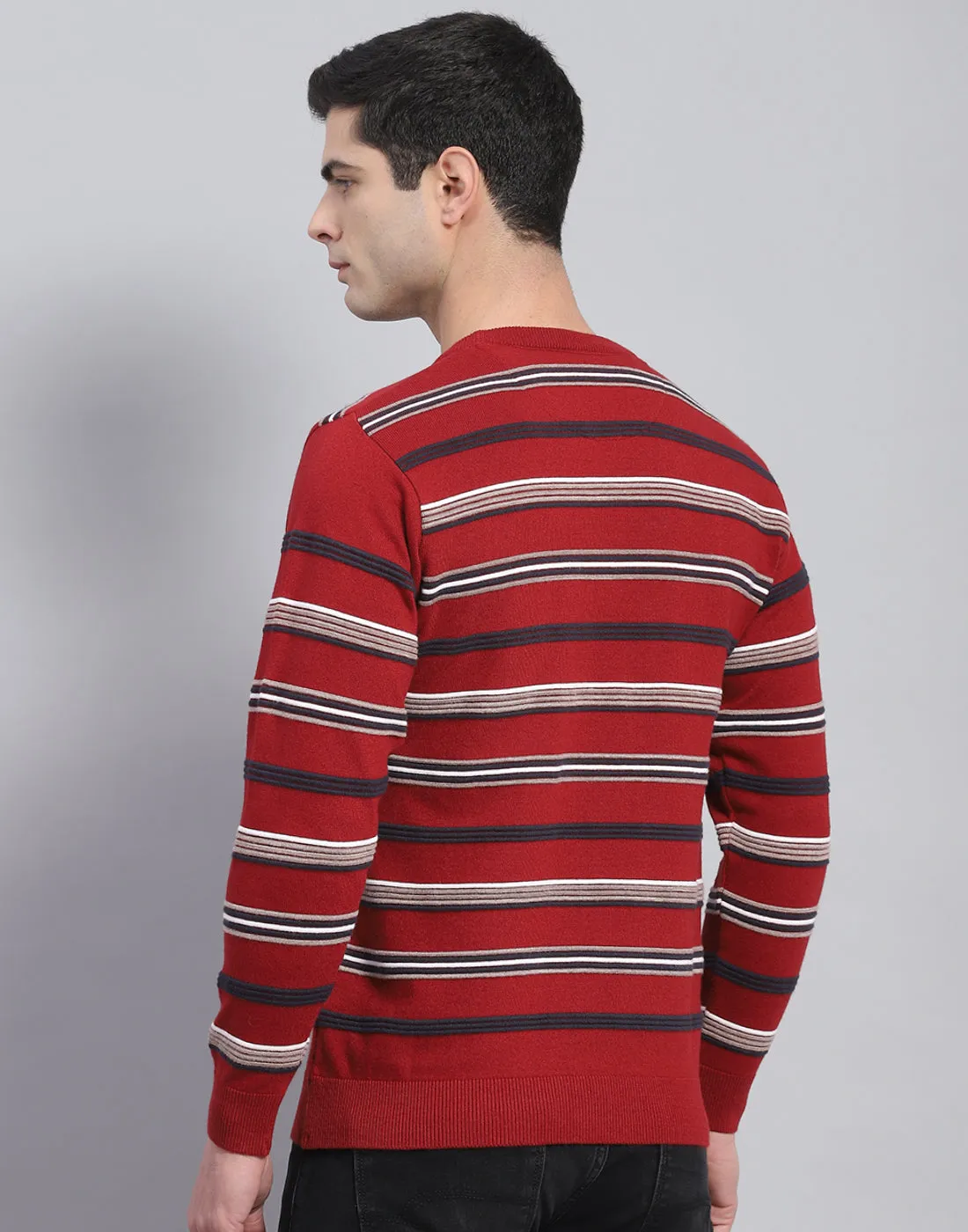 Men Red Stripe Round Neck Full Sleeve Pullover