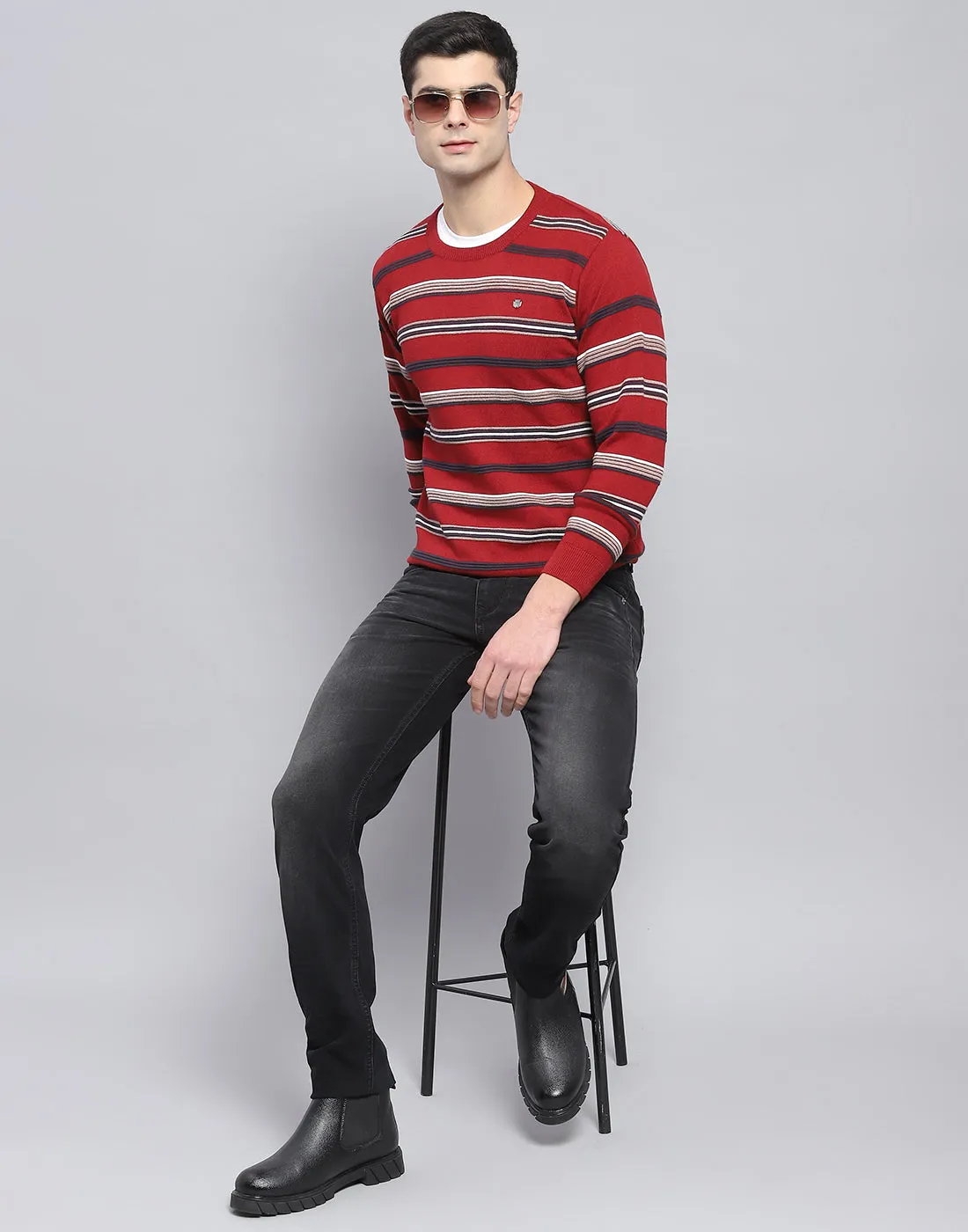 Men Red Stripe Round Neck Full Sleeve Pullover