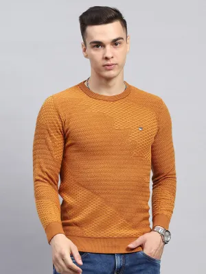 Men Rust Self Design Round Neck Full Sleeve Pullover