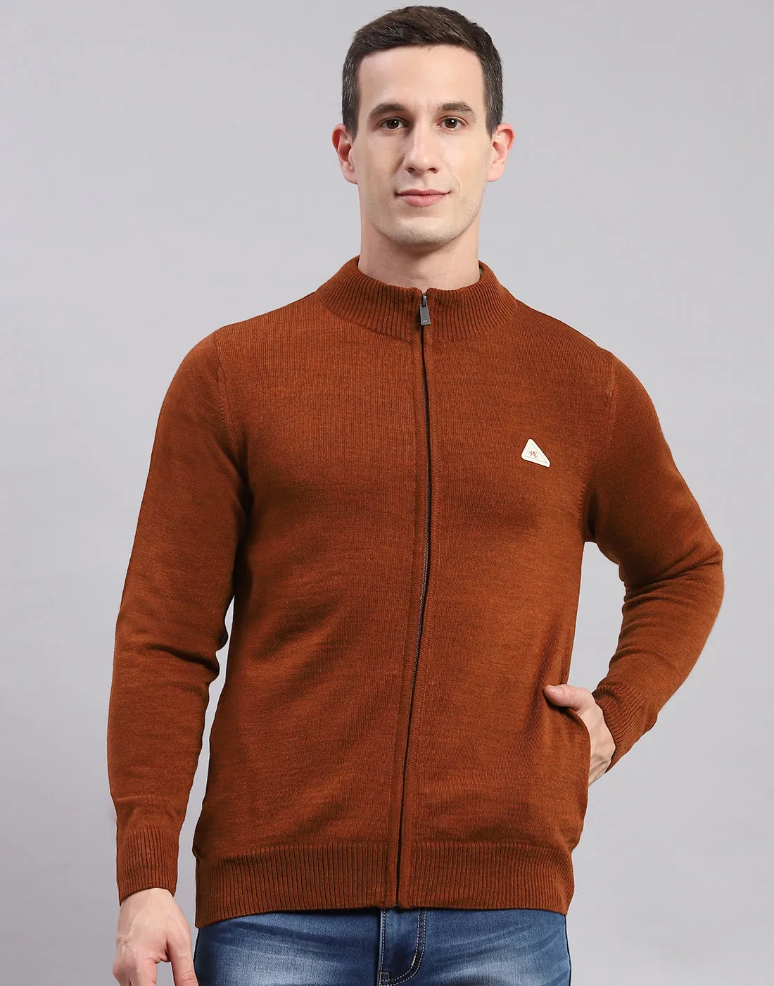 Men Rust Solid Stand Collar Full Sleeve Pullover