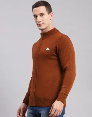 Men Rust Solid Stand Collar Full Sleeve Pullover