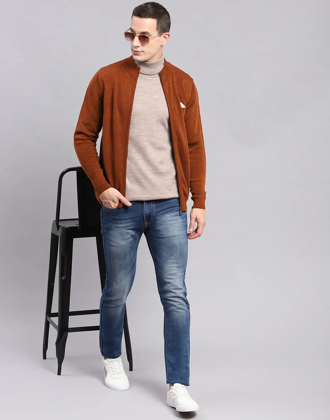 Men Rust Solid Stand Collar Full Sleeve Pullover