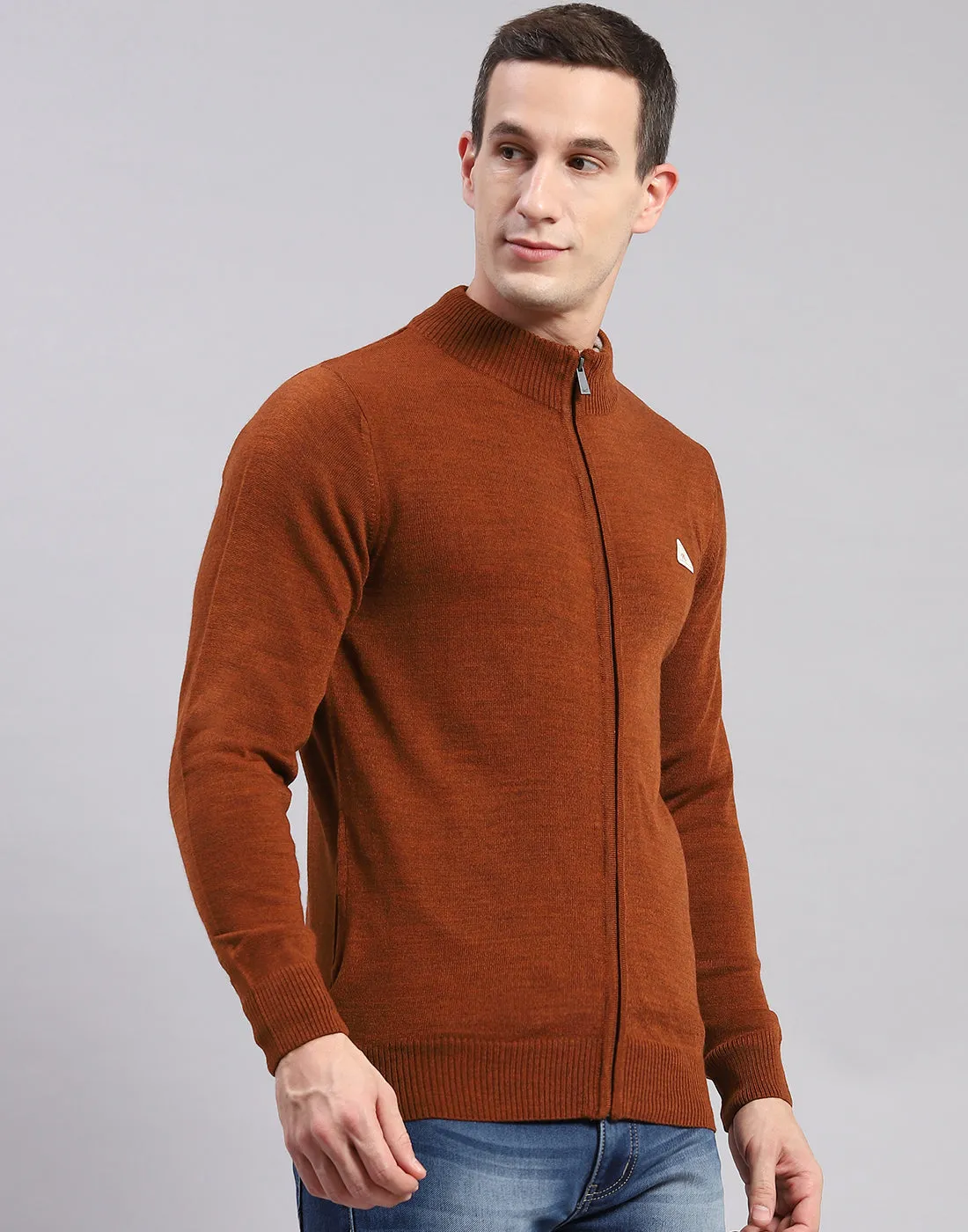 Men Rust Solid Stand Collar Full Sleeve Pullover