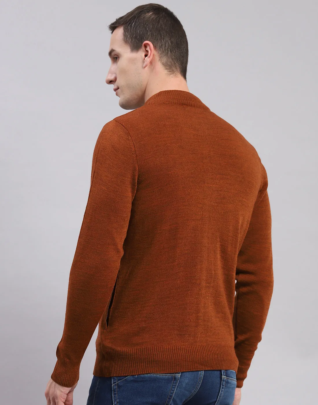 Men Rust Solid Stand Collar Full Sleeve Pullover