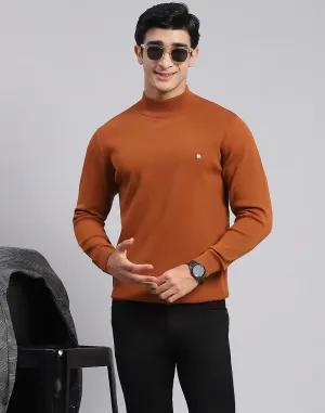 Men Rust Solid T Neck Full Sleeve Sweaters/Pullovers