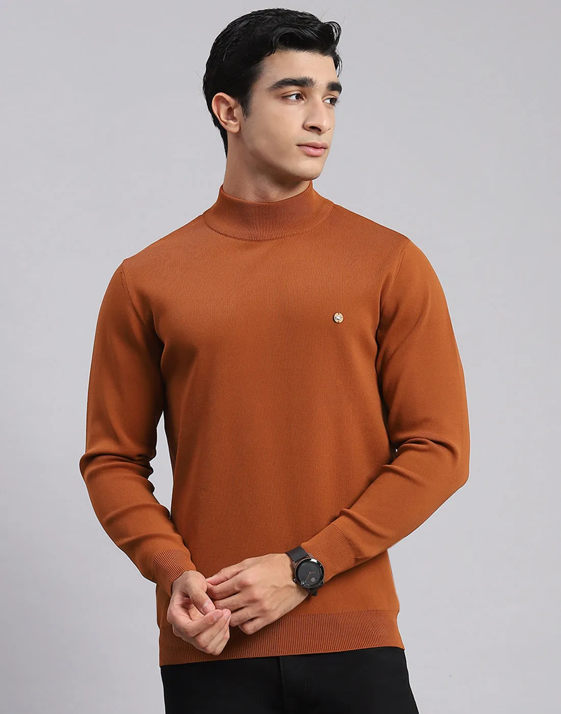 Men Rust Solid T Neck Full Sleeve Sweaters/Pullovers