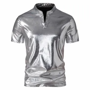 Men Turtleneck V-Neck Glossy Short Sleeves T-Shirt