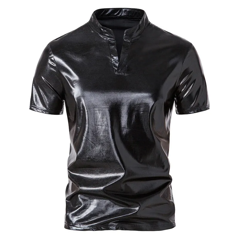 Men Turtleneck V-Neck Glossy Short Sleeves T-Shirt