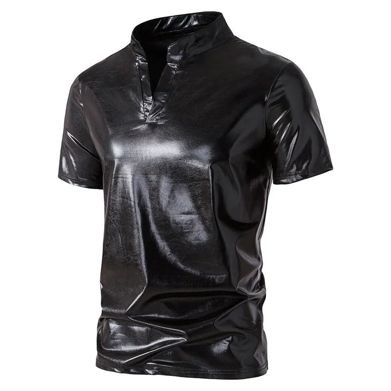 Men Turtleneck V-Neck Glossy Short Sleeves T-Shirt