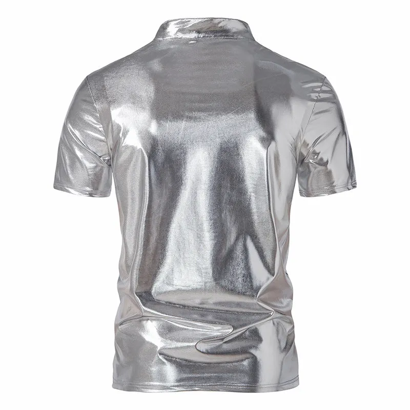 Men Turtleneck V-Neck Glossy Short Sleeves T-Shirt