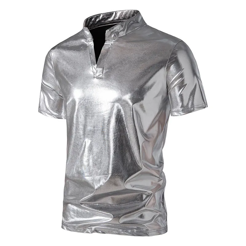 Men Turtleneck V-Neck Glossy Short Sleeves T-Shirt