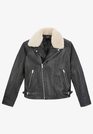 Men’s Black Leather Shearling Collared Jacket