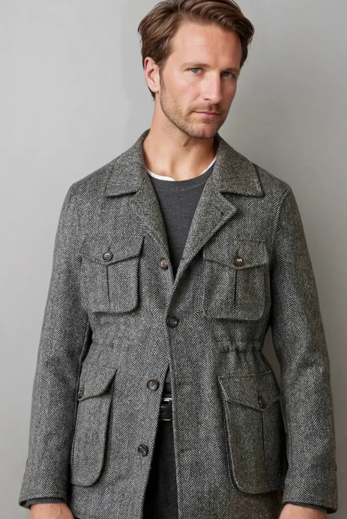 Men's Gray Herringbone Tweed Shacket Designer Travel Jacket Vintage Cargo Jacket Winter Outerwear Jacket Best Gift For Him