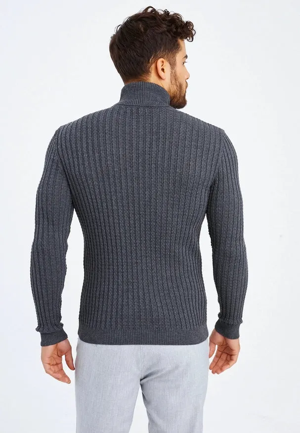 Men'S Knitted Fine Knit Turtleneck Pullover Anthracite