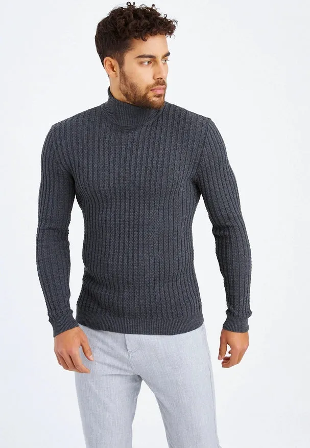 Men'S Knitted Fine Knit Turtleneck Pullover Anthracite