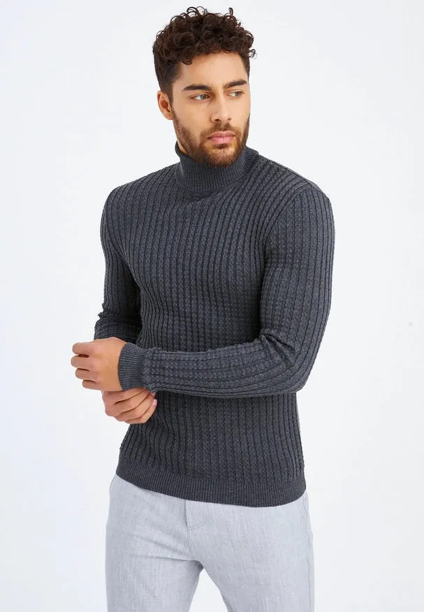 Men'S Knitted Fine Knit Turtleneck Pullover Anthracite