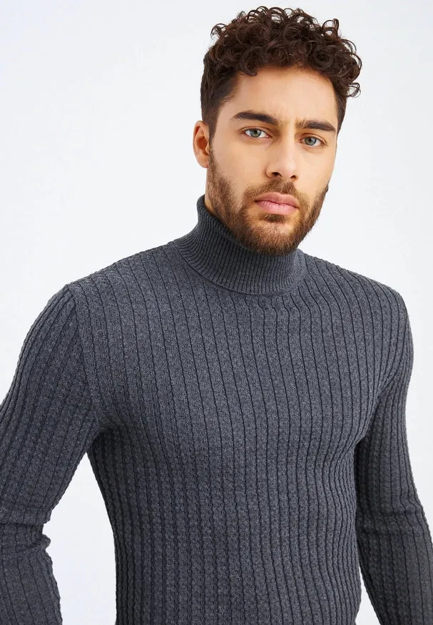 Men'S Knitted Fine Knit Turtleneck Pullover Anthracite