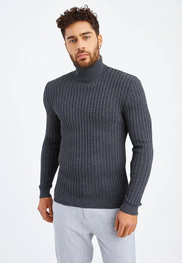 Men'S Knitted Fine Knit Turtleneck Pullover Anthracite