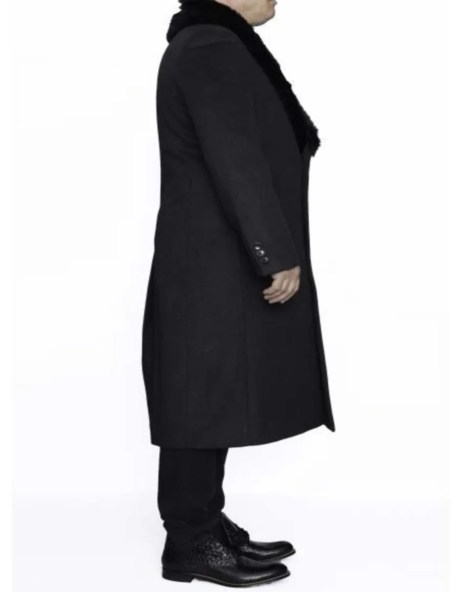 Mens Overcoat - Topcoat For Men - Winter Fabric - Dark Charcoal Grey Ankle length Big and Tall Large Man ~ Plus Size Removable Fur Collar Overcoat Three Button Long men's Dress Topcoat - Winter coat 4XL 5XL 6XL Full Length 48 Long