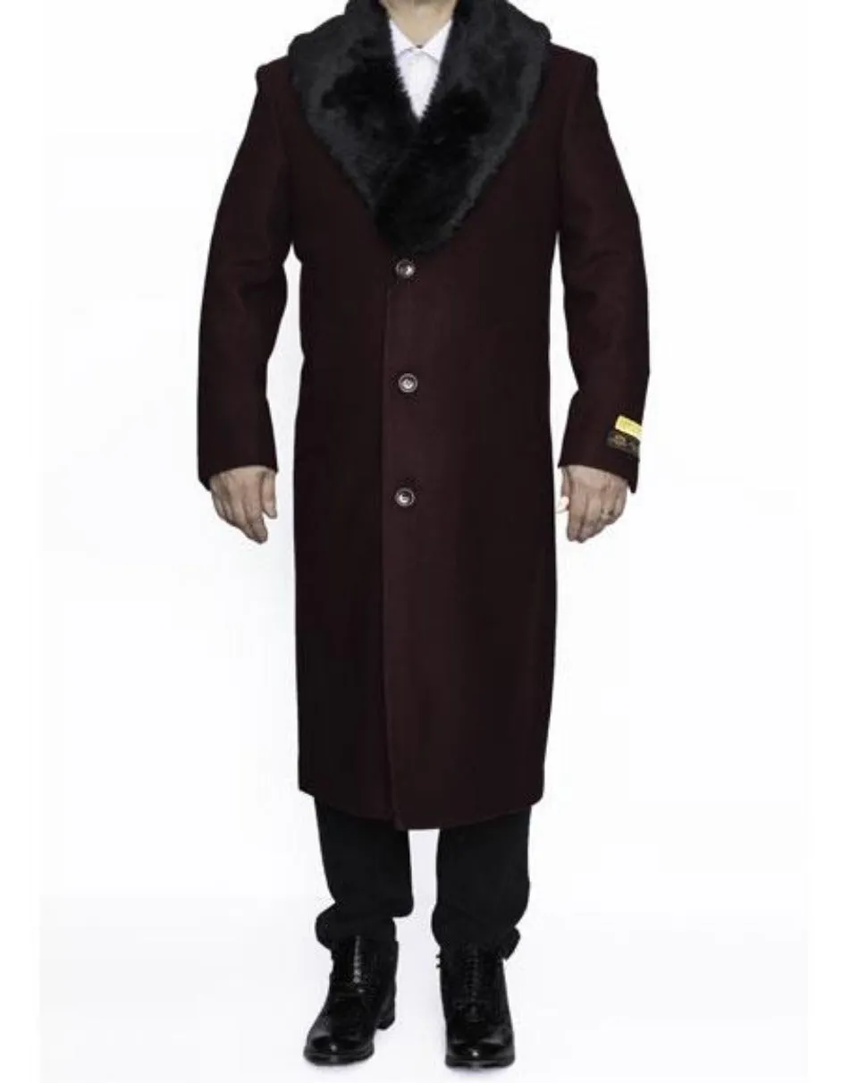 Mens Overcoat - Topcoat For Men - Winter Fabric - Removable Fur Collar Full Length Wool Dress Ankle length Top Coat/Overcoat Burgundy