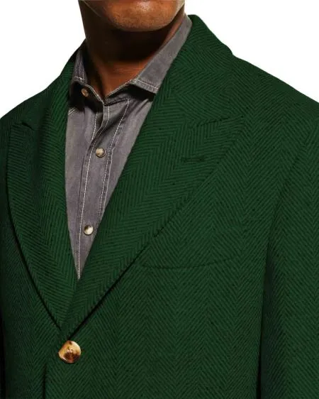 Mens Wool Carcoat - Dark Green Three Quarter Peak Lapel Topcoat