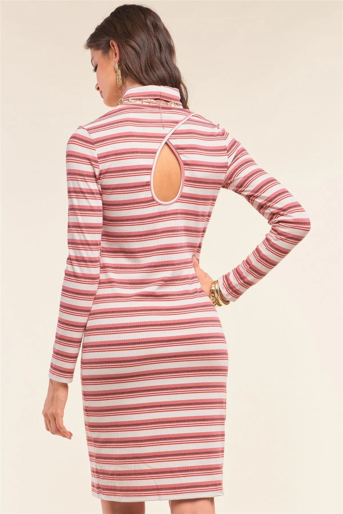 Multicolor Striped Print Long Sleeve Kimono Turtleneck Cut Out Back Detail Fitted Dress /1-2-2-2-1