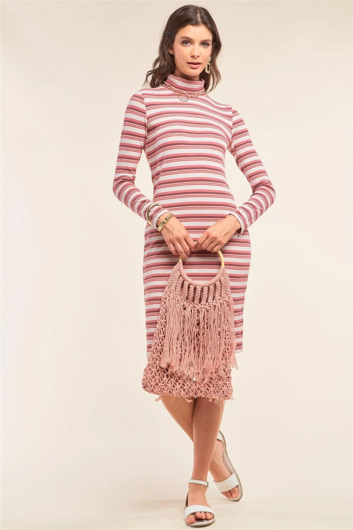 Multicolor Striped Print Long Sleeve Kimono Turtleneck Cut Out Back Detail Fitted Dress /1-2-2-2-1