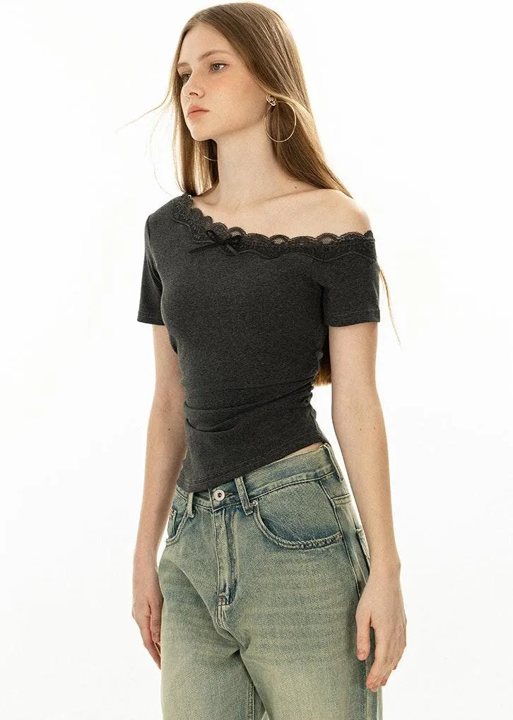 Off-Shoulder Lace Trim Crop Top