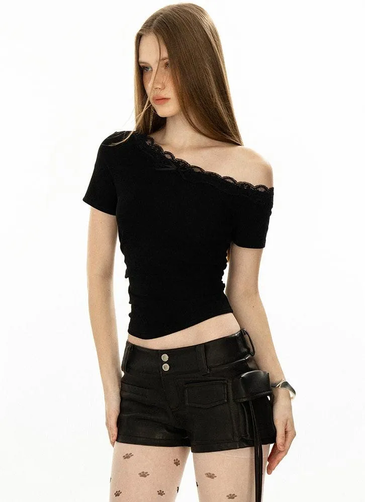 Off-Shoulder Lace Trim Crop Top