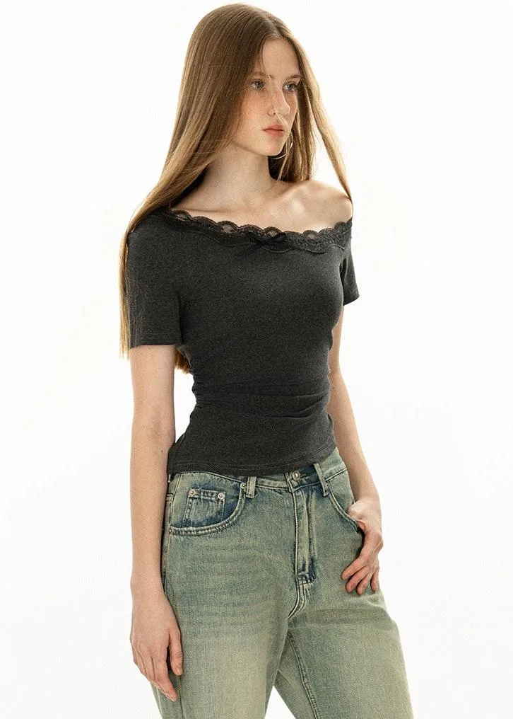 Off-Shoulder Lace Trim Crop Top