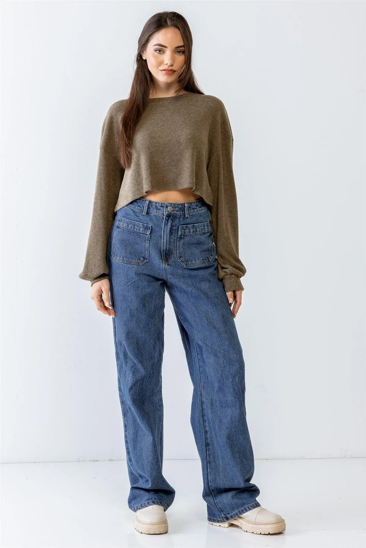 Olive Ribbed Balloon Long Sleeve Crop Sweater /1-2-2-1