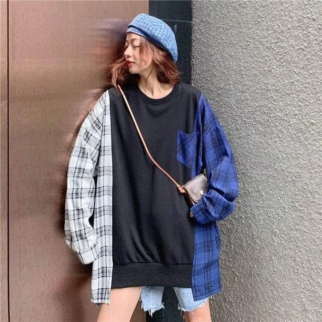 Patchwork Plaid Long Pullover