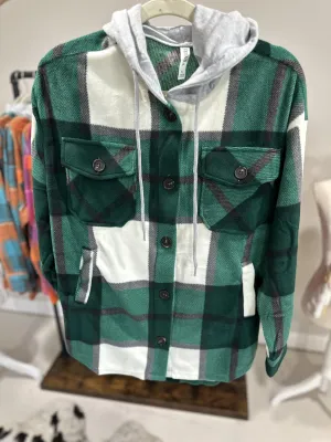 Peyton Plaid Hooded Shacket - Green